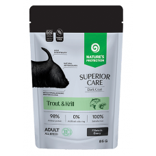Nature's Protection DOG SUPERIOR CARE Dark Coat Grain Free Adult All Breed Dogs with Trout and Krilll, пауч за пораснали кучета от всички породи с тъмна козина - филета в сос с пъстърва и крил, Литва - 85 гр 210753