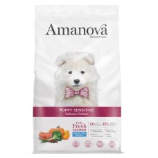AMANOVA PUPPY SENSITIVE SALMON DELUXE - пълноценна храна за подрастващи кученца от средни и едри породи с чувствителна кожа, със Сьомга и тиква - 2 кг, Испания - 33186