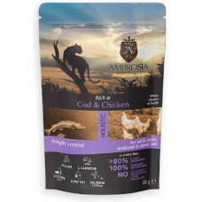 Ambrosia Pouch Cat Adult Sterilized Cod Chicken Weight Control - пауч, пълноценна, балансирана мокра храна, идеална за възрастни и кастрирани котки, за поддържане на идеално тегло - 85 гр, Франция
