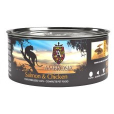Ambrosia Salmon Chicken - консерва, 96 % съдържание на месо за пораснали и кастрирани котки с капризен апетит - 150 гр, Франция