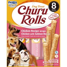 Inaba Dog Churu Rolls - Chicken with Salmon - Лакомство за кучета, ролца с мек пълнеж с пиле и сьомга, 8 пакета х 12 грама, Япония EUD732 Inaba Dog Churu Rolls - Chicken with Salmon - Лакомство за кучета, ролца с мек пълнеж с пиле и сьомга, 8 пакета х 12 грама, Япония EUD732