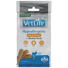 Vet Life Hypoallergenic Dental Treat With Fish and Sweet potato Mini – Дентални стикове за кучета от мини породи с риба и сладък картоф - 60 гр, Италия - KVN0006003 Vet Life Hypoallergenic Dental Treat With Fish and Sweet potato Mini – Дентални стикове за кучета от мини породи с риба и сладък картоф - 60 гр, Италия - KVN0006003