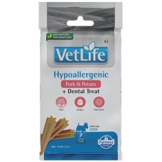 Vet Life Hypoallergenic Dental Treat With Pork and Sweet potato Mini – Дентални стикове за кучета от мини породи със свинско и сладък картоф - 60 гр, Италия - KVN0006008 Vet Life Hypoallergenic Dental Treat With Pork and Sweet potato Mini – Дентални стикове за кучета от мини породи със свинско и сладък картоф - 60 гр, Италия - KVN0006008